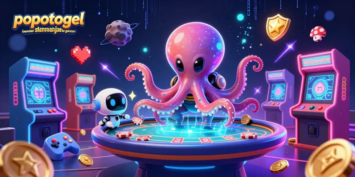 Engage with popotogel bandar slot mahjong gacor through an exciting illustrated scene of an alien octopus and robot at a vibrant poker table.