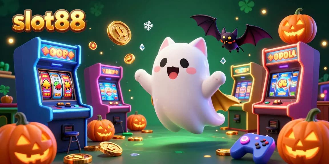 Slot88 menghadirkan pengalaman bermain slot yang mendebarkan dengan karakter kucing hantu dan kelelawar dalam suasana kasino.