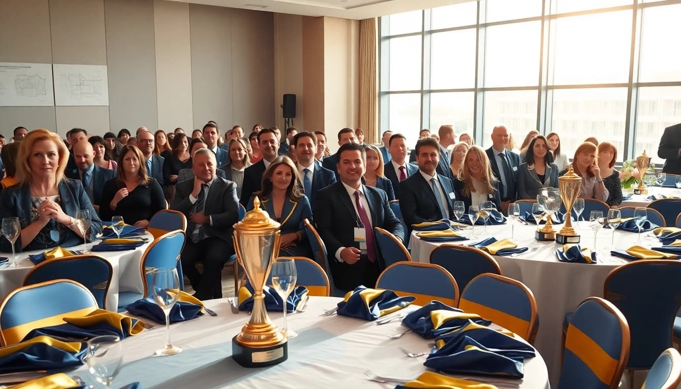 Celebrating excellence in construction awards with beautiful trophies and elegant decor.