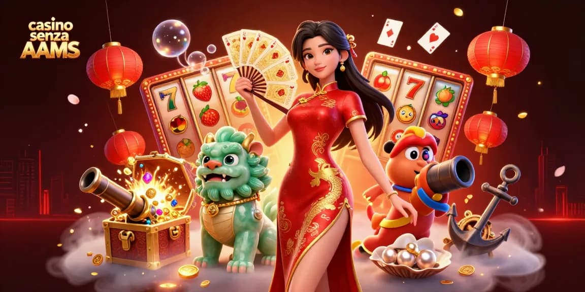 Gioca a giochi emozionanti nei casino senza AAMS, con una vivace scena in 3D, carte dorate e un leone di giada guardiano.
