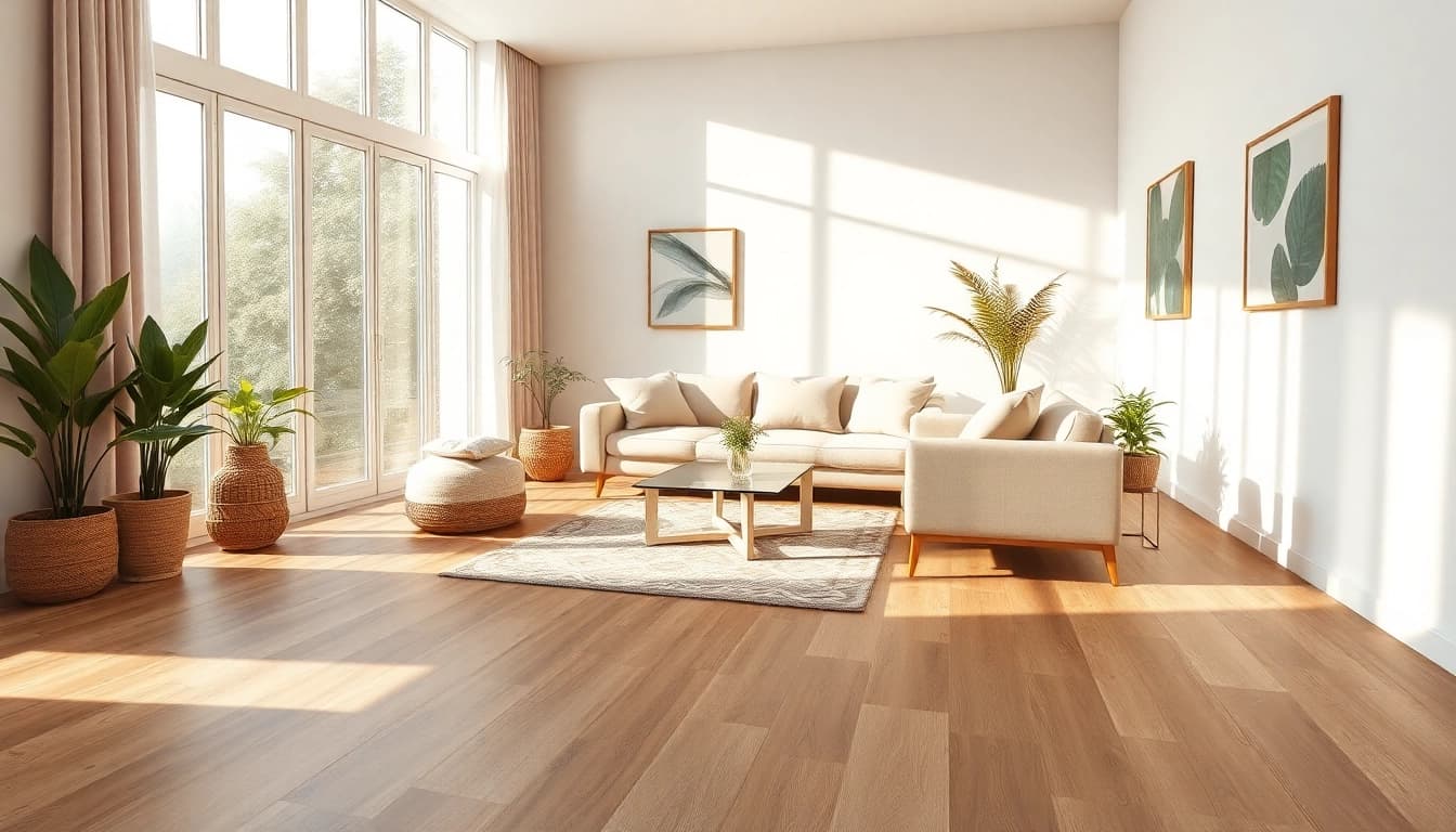 Carrelage imitation parquet dans un salon chaleureux, décor moderne.