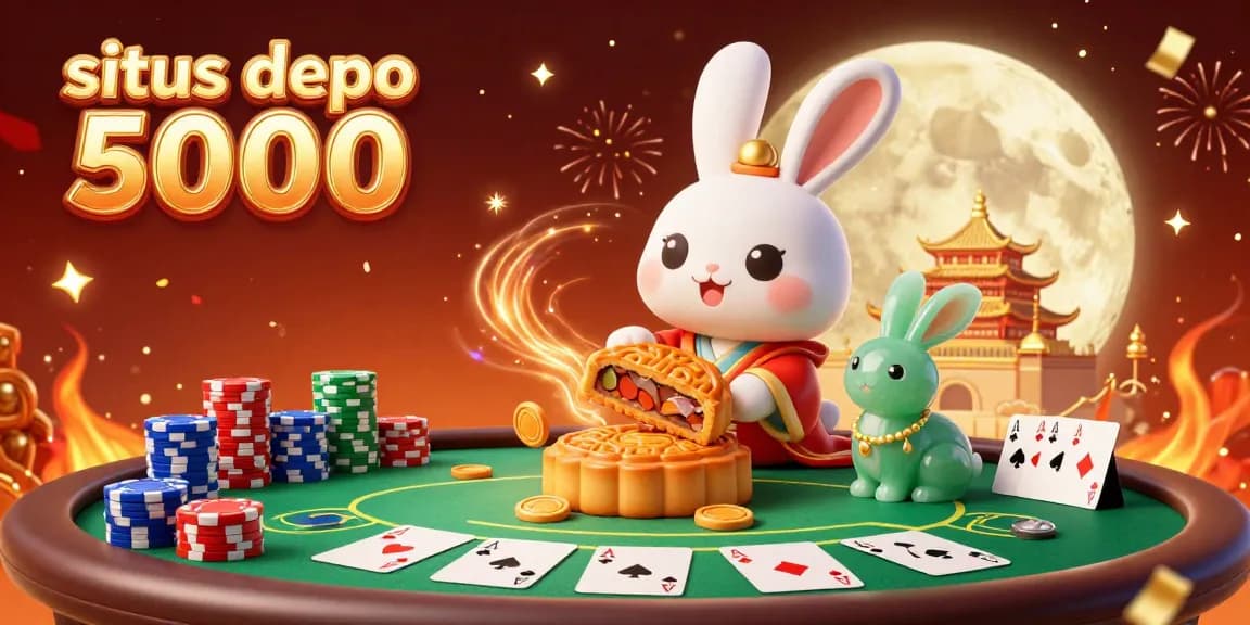 Situs depo 5000 menampilkan kelinci bulan yang memukul kue bulan emas dengan poker chip di dalamnya, dikelilingi poker dan chip warna-warni.