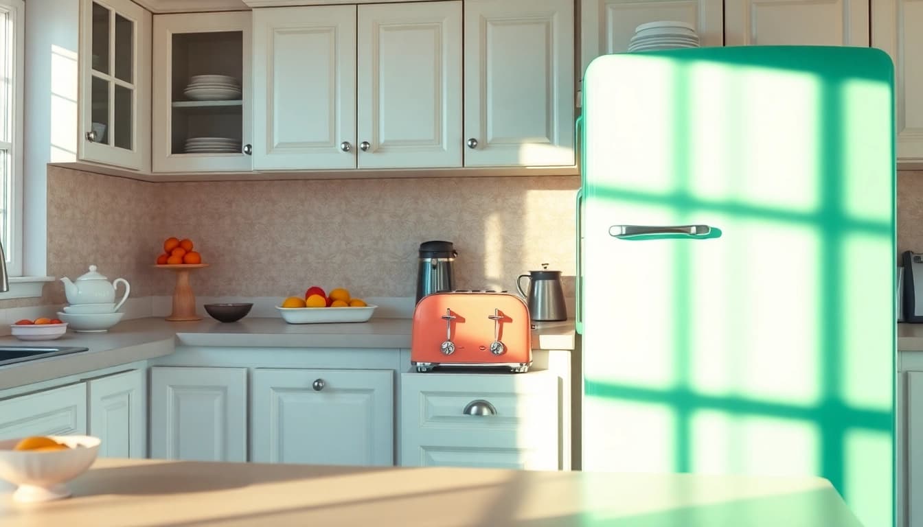 Retro Appliance kitchen scene showcasing a vintage mint green refrigerator and toaster.