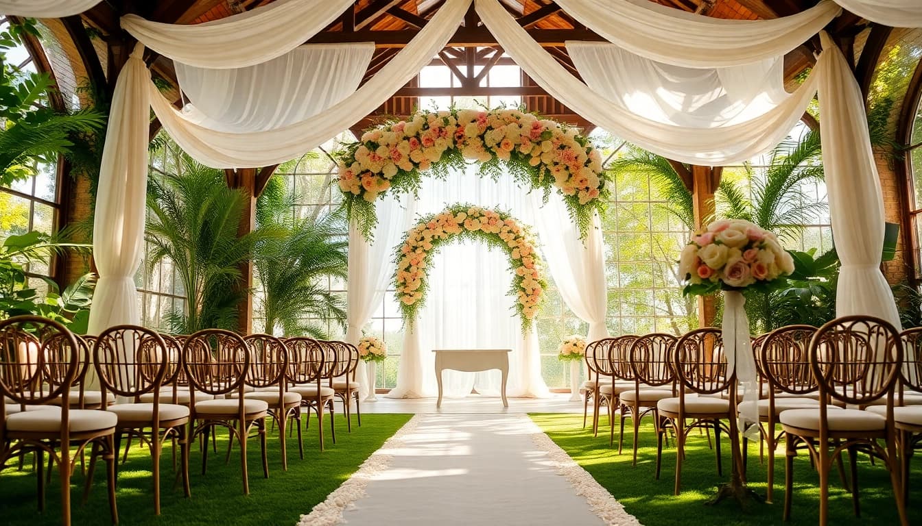 Beautiful wedding setup at a Jacksonville Wedding Venue featuring lush greenery and elegant decor.