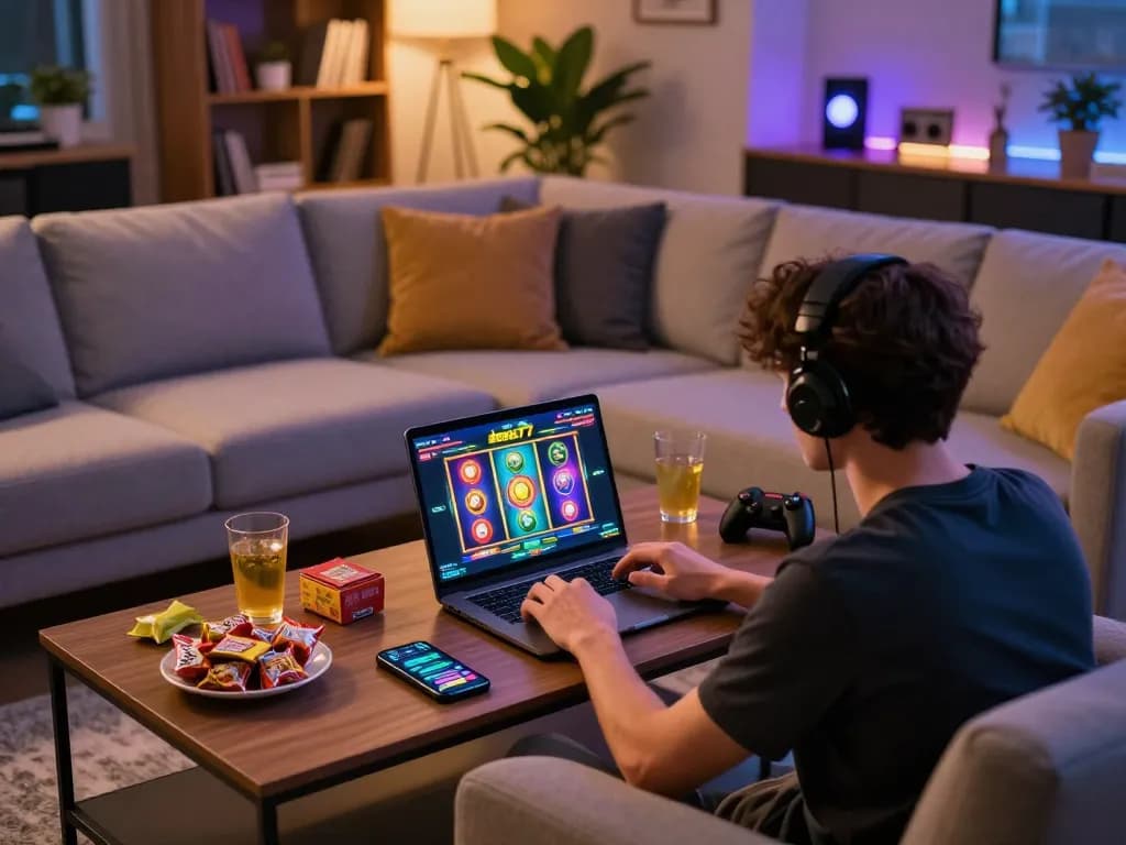Engaging with alexis77 slot on a laptop in a cozy home gaming setup, highlighting accessories.