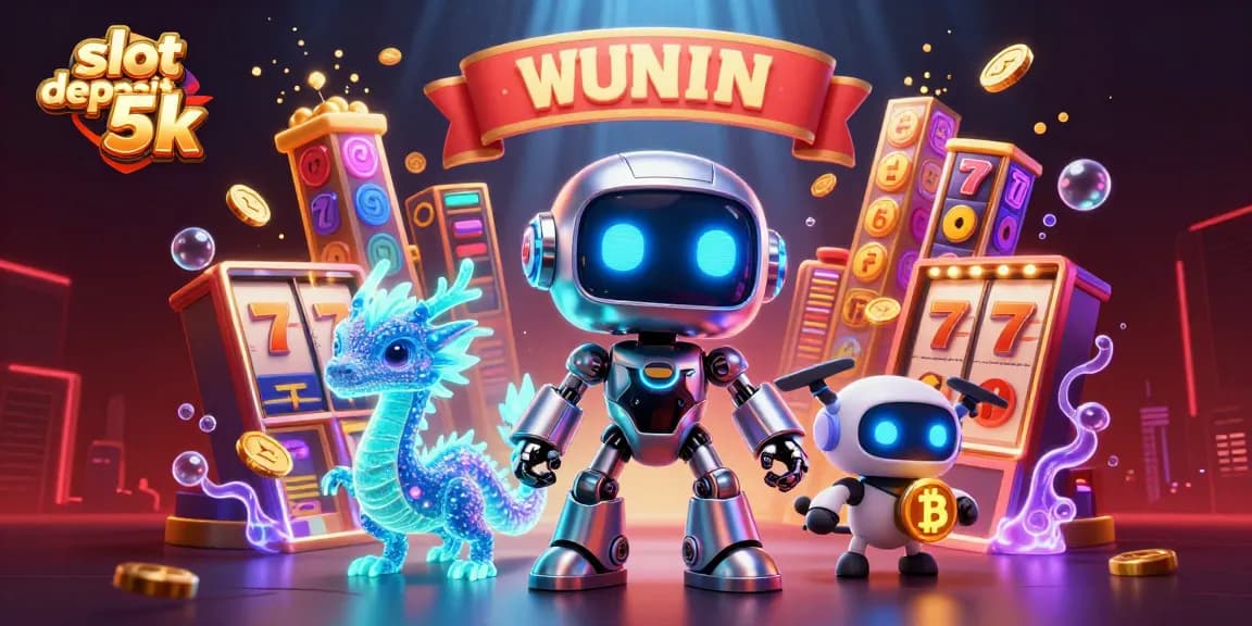 Engage in the slot deposit 5k experience with a vibrant illustration of a 3D cyberpunk mascot and slot game elements.