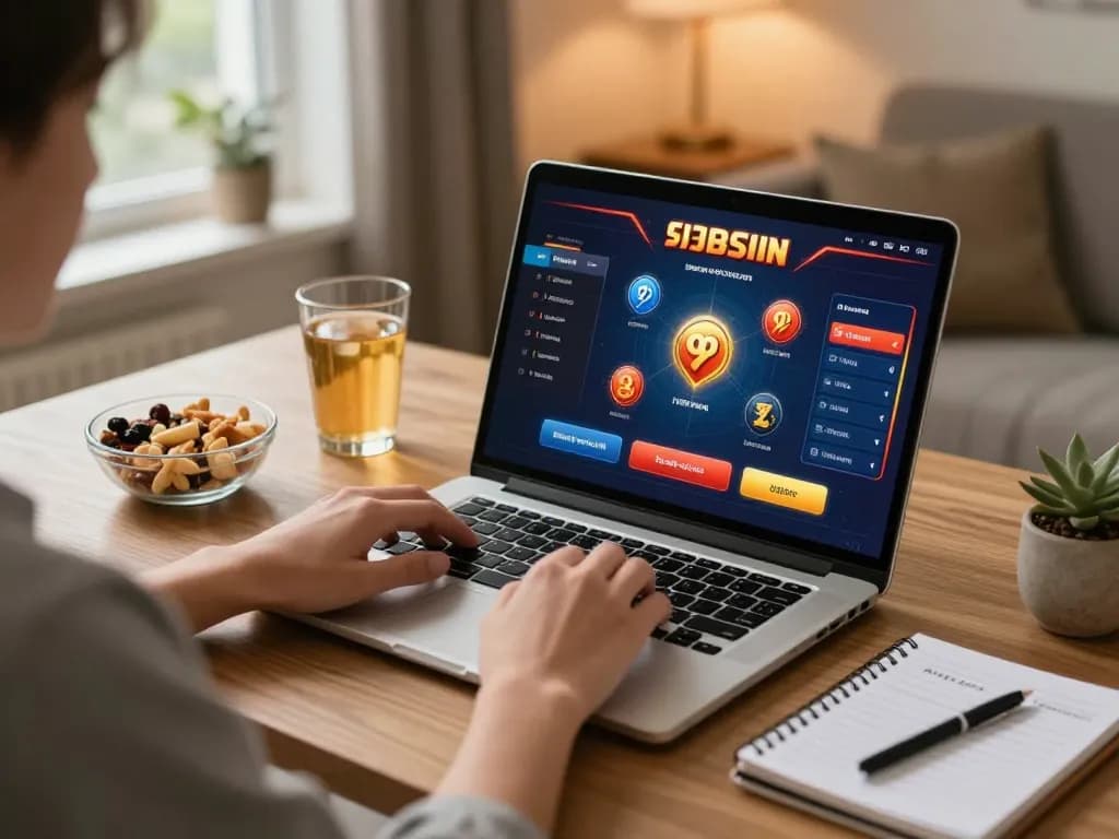 Person engaging in online 99win casino gaming at home with strategic notes and warm ambiance.