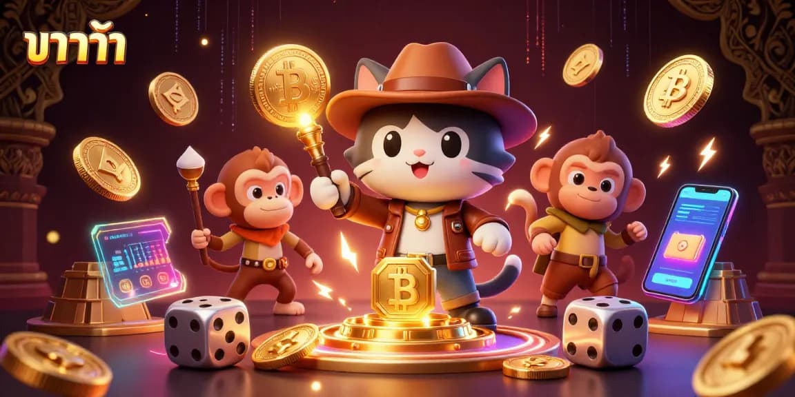 Experience the excitement of บาคาร่า as an archaeologist cat discovers treasures surrounded by digital crypto and casino elements.