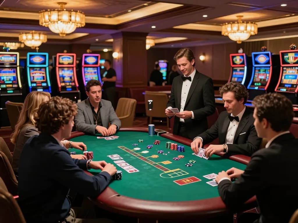 shbet players enjoying a thrilling blackjack game at an upscale casino with vibrant atmosphere.