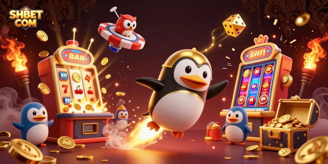 Experience thrilling wins at SHBET COM with this vibrant casino scene featuring a golden penguin and dynamic games.
