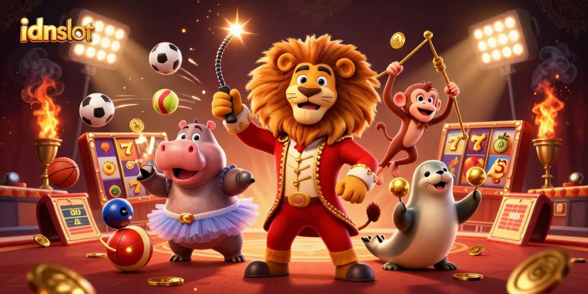 Spin the reels with idnslot’s animated circus characters amidst a vibrant gambling scene.