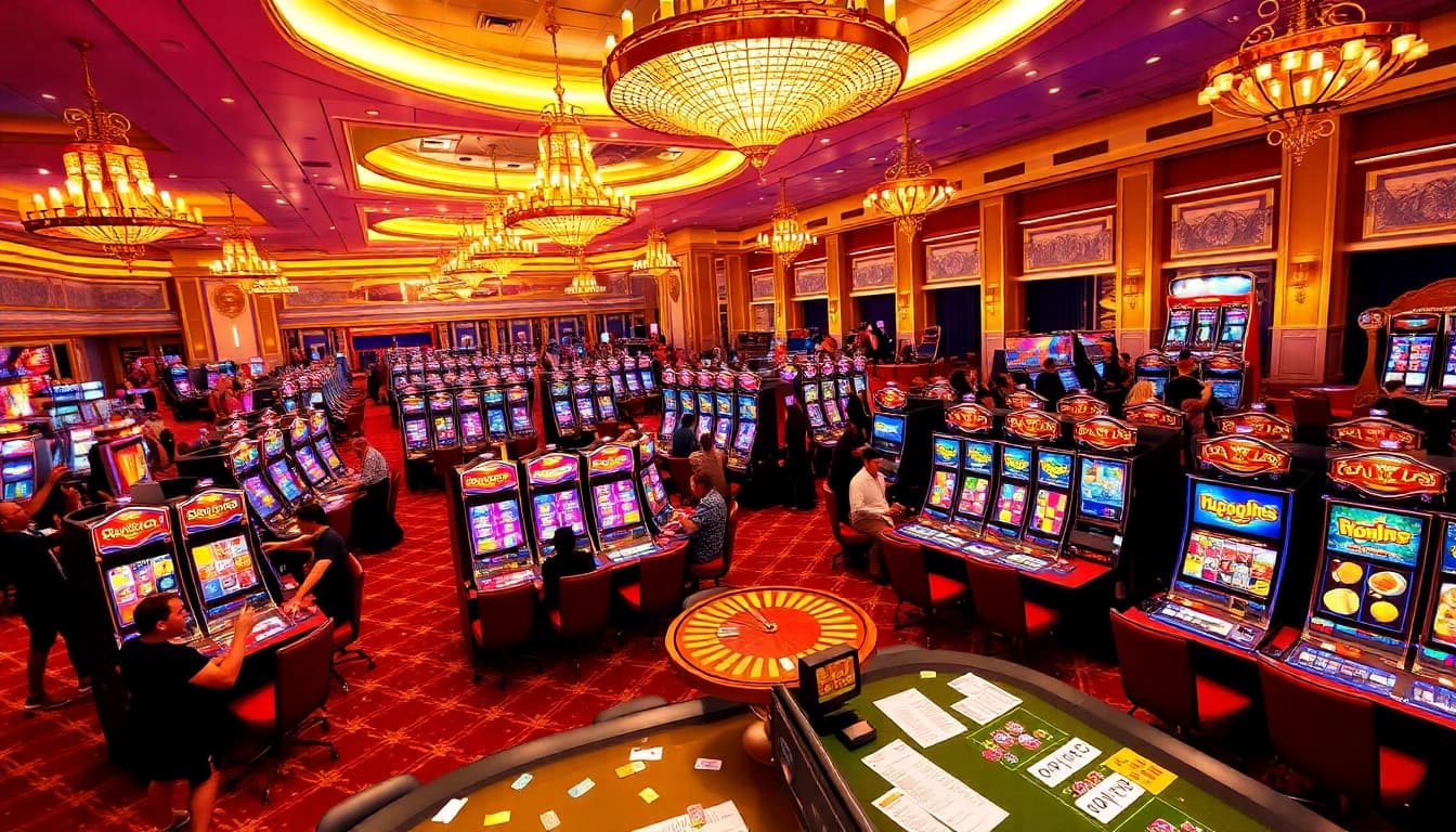 Excited players winning big at slot depo pulsa machines in a luxurious casino setting