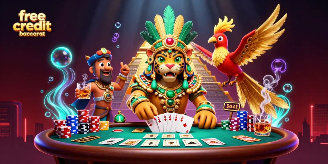 A 3D jungle-themed baccarat scene showcasing the concept of free credit baccarat with vibrant characters and casino elements.
