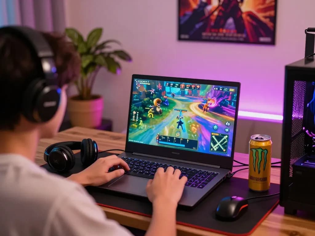 Engaging scene of a player immersed in an NSFW game on laptop, showcasing vibrant gameplay.