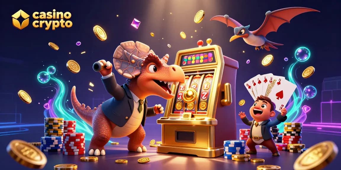 Giocatori in un divertente casino con crypto mentre un pachycephalosaurus fa pagare una jackpot alle slot.