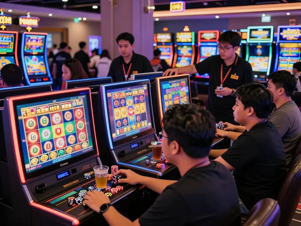 Pemain menikmati slot gacor hari ini di kasino yang ramai dengan mesin berwarna-warni.