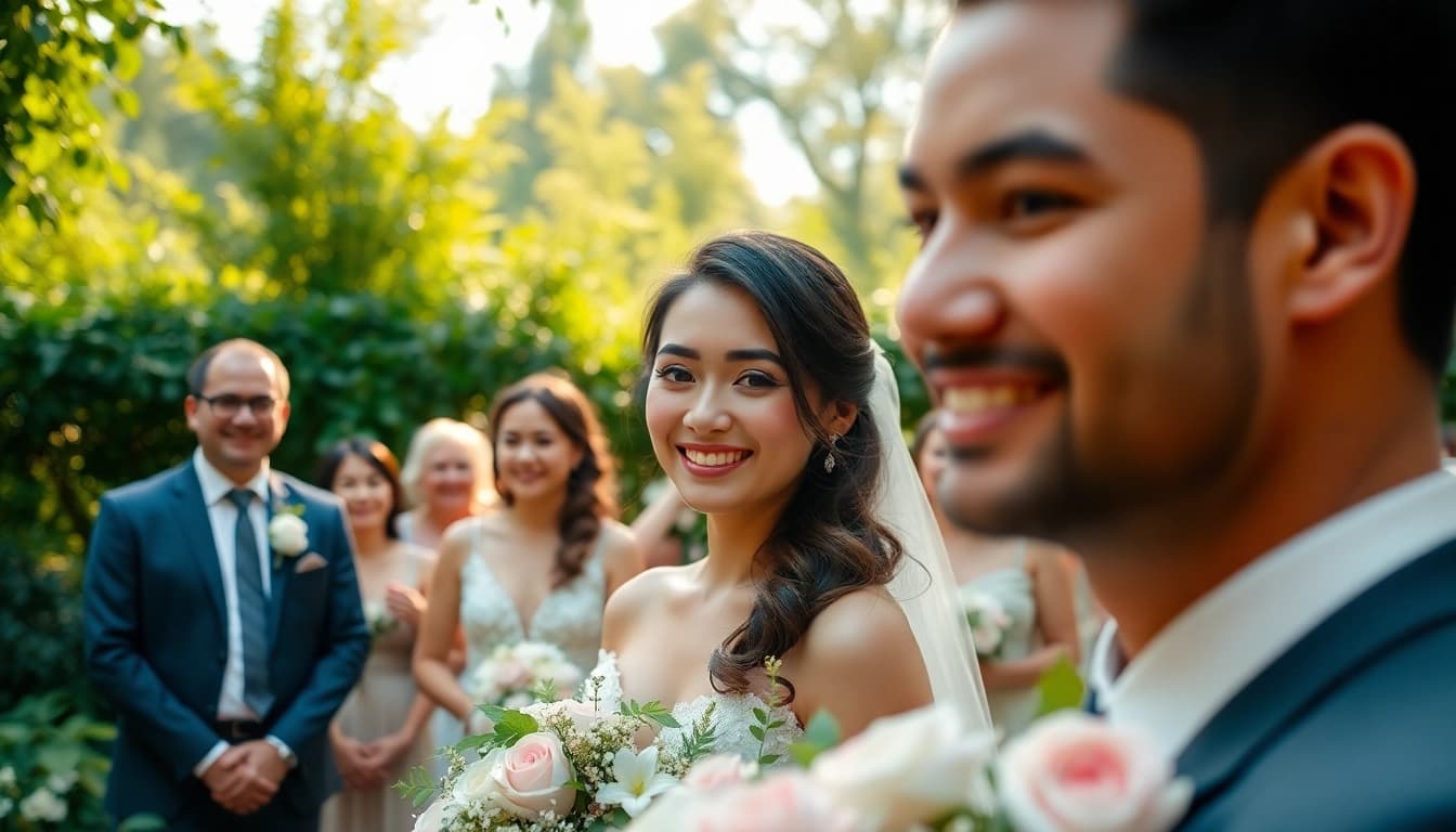 Engaging scene with professional videographers in Toronto capturing a couple's wedding in a lush garden.