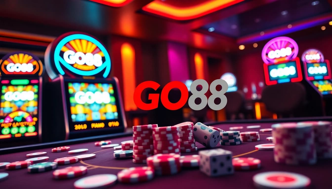 A vibrant online casino scene showcasing excitement as players download the GO88 app, featuring slot machines, poker chips, and a dynamic interface.