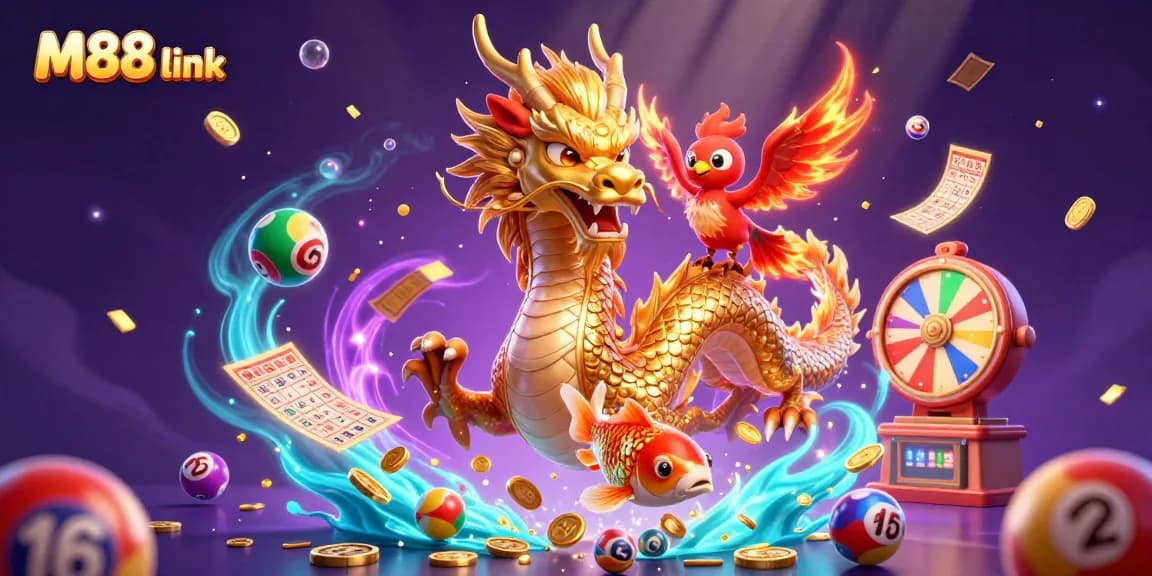 Experience the excitement of M88 link with a dynamic 3D casino illustration showcasing vibrant gaming elements.