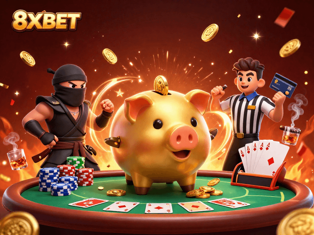 Engage with 8XBET's lively casino atmosphere featuring dynamic characters and colorful elements.