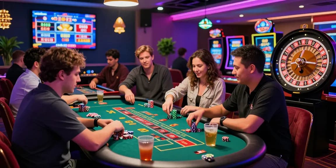 Exciting players enjoying various games at credit card casinos illuminated by neon lights
