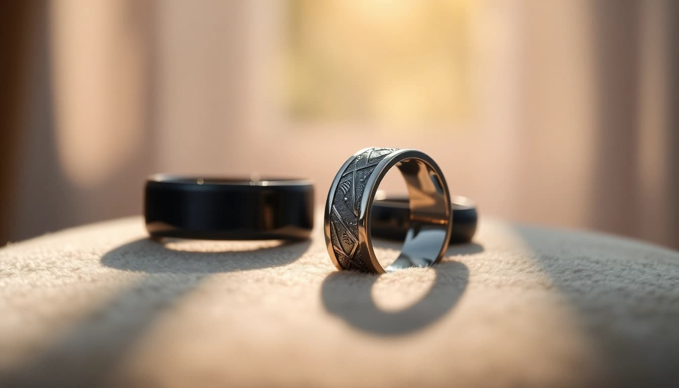 Showcase of unique wedding bands for men, highlighting intricate designs and textures.