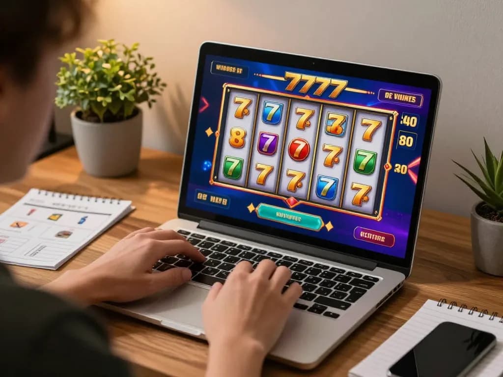 Engaging in slot777 online gameplay on laptop with lively graphics and cozy workspace atmosphere