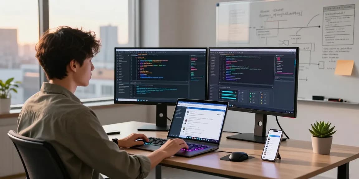 Kobold AI development workspace showcasing a developer at dual monitors creating intelligent chatbots.