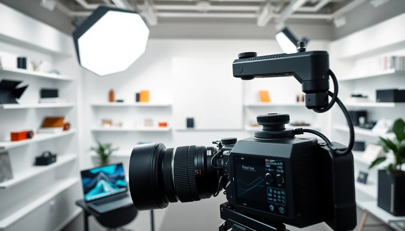 Fotografo Commerciale che cattura prodotti in uno studio moderno con illuminazione professionale.