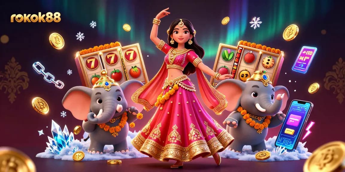 Play thrilling games at rokok88 with vibrant characters and dynamic slot elements against a stunning backdrop.