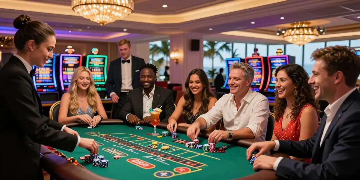 Excited players enjoying their experience at non UK casinos, vibrant table games, and lively atmosphere with colorful chips and cocktails.