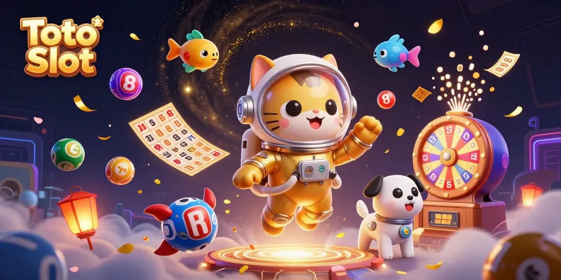 Engage with Toto Slot adventure featuring vibrant casino elements and characters in a cosmic setting.