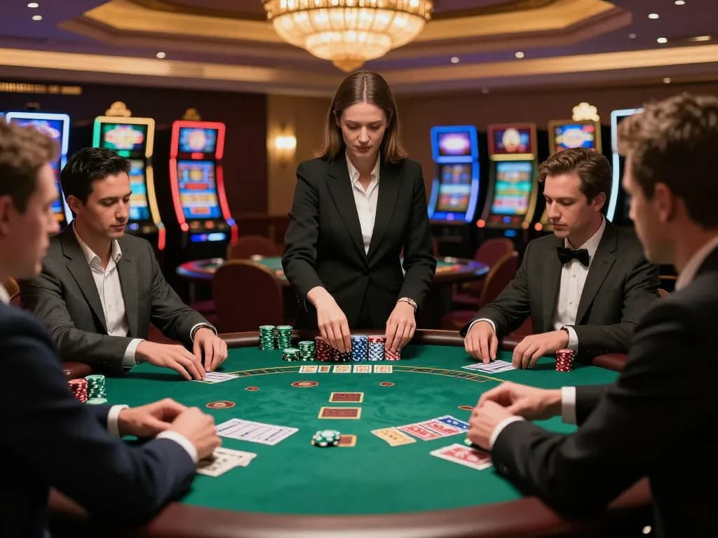 Players engaging in a strategic blackjack game at a luxurious casino table, showcasing the uu88 betting excitement.
