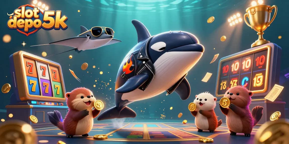 Engage with the thrilling experience of slot depo 5k as a vibrant orca whale and friends celebrate with golden coins.
