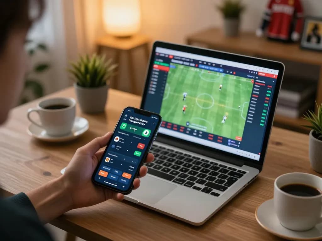 Kết quả bóng đá hôm nay displayed on smartphone while engaging in online betting and analysis.