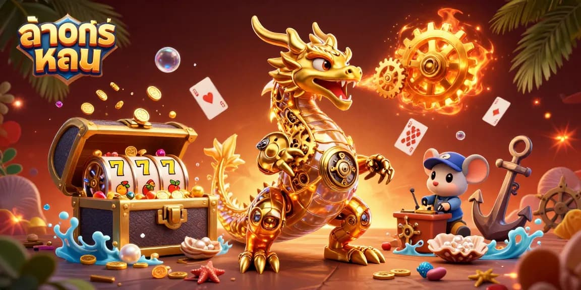 การแสดงผลเกมสล็อตผ่านภาพวาด 3D กราฟิก ที่มีมังกรทองและโบนัสเยอะ