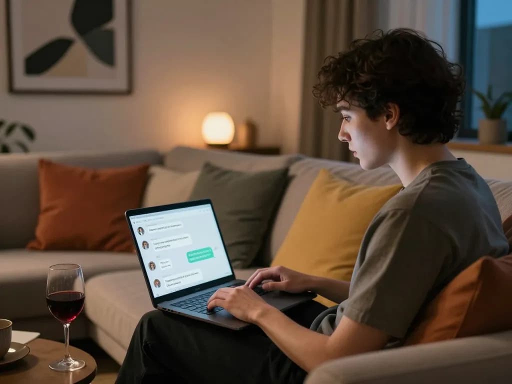 Engaging in NSFW AI chat on a laptop in a cozy living room.