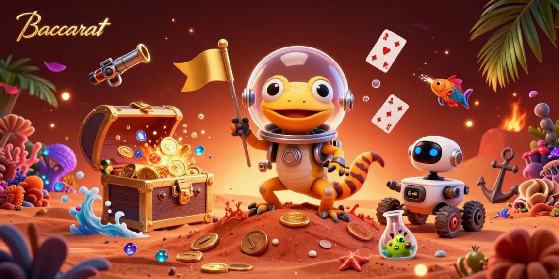 Baccarat game-themed illustration featuring a gecko in space suit surrounded by treasures and cheer