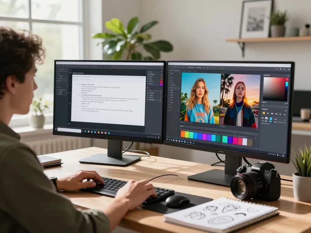 Designer showcasing the nano banana AI image editor with vibrant visuals on multiple screens in a bright workspace.