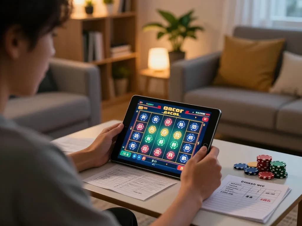 Engaging in slot gacor gameplay on a tablet in a cozy home setting, showcasing responsible gaming strategies.