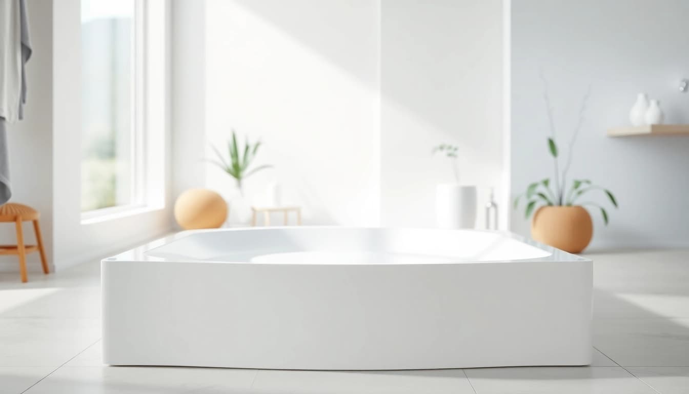 Shower base showcased in a bright bathroom, highlighting its modern design and sleek finish.