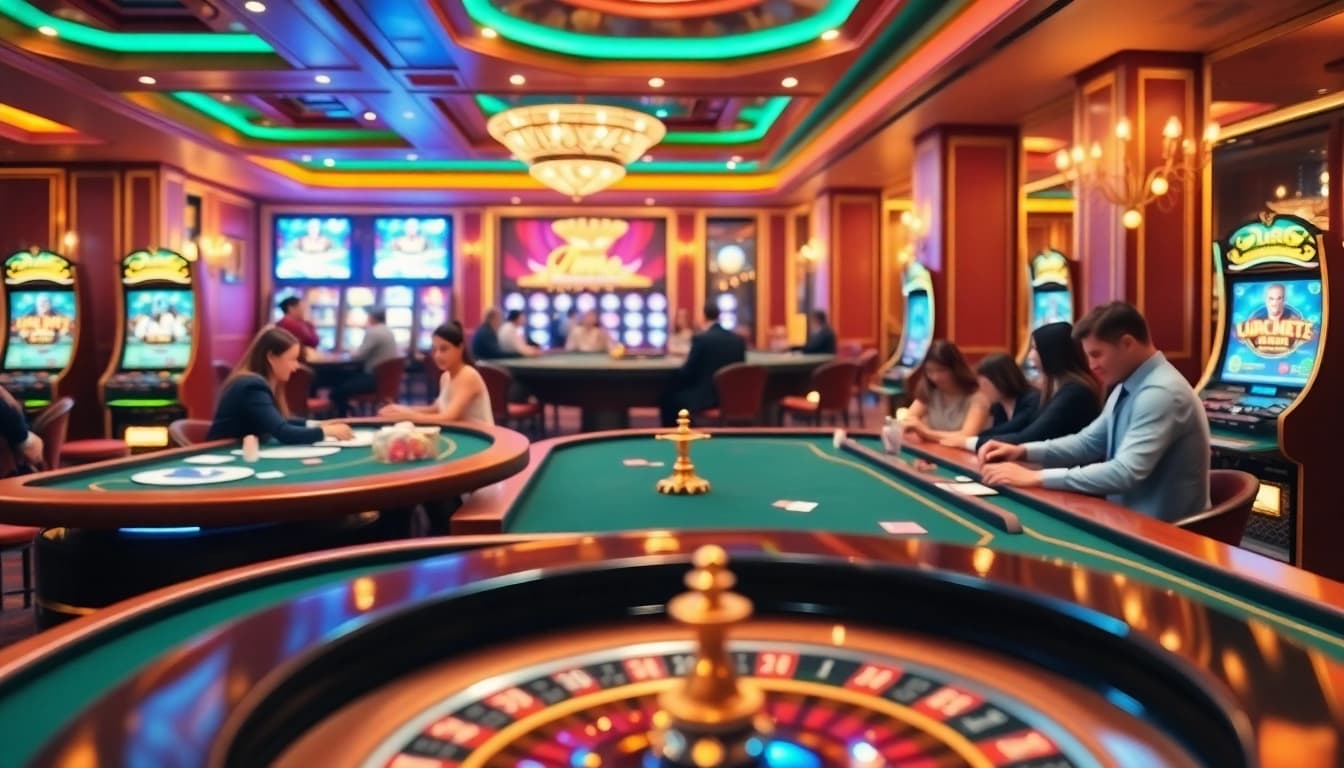 Engaging casino scene showcasing players at RR88, featuring vibrant tables, chips, and a roulette wheel.