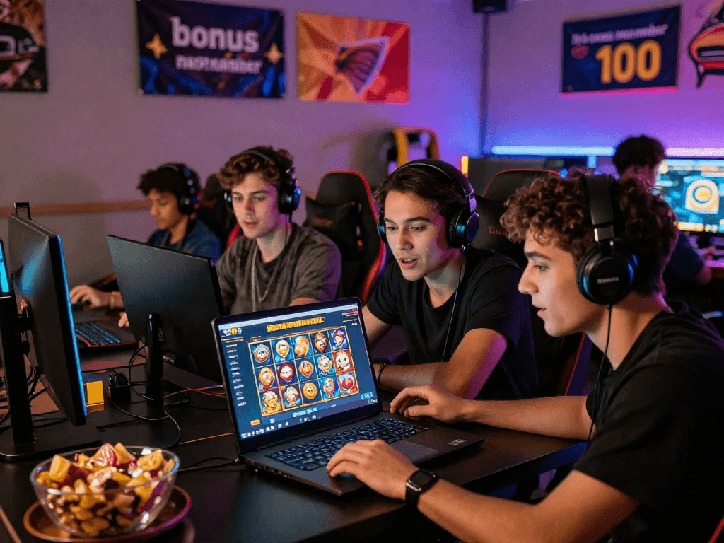 Excited gamers exploring bonus new member 100 promotions in a vibrant online gaming lounge.