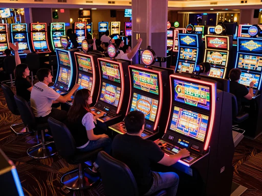 Players engage with colorful slot machines at a situs slot gacor casino, celebrating wins amid vibrant lights.