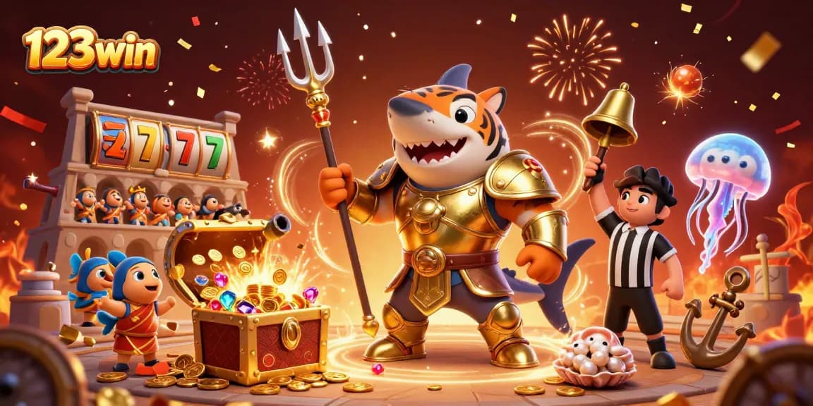 Experience thrilling slots with 123win featuring a golden shark gladiator and dynamic gamble elements.