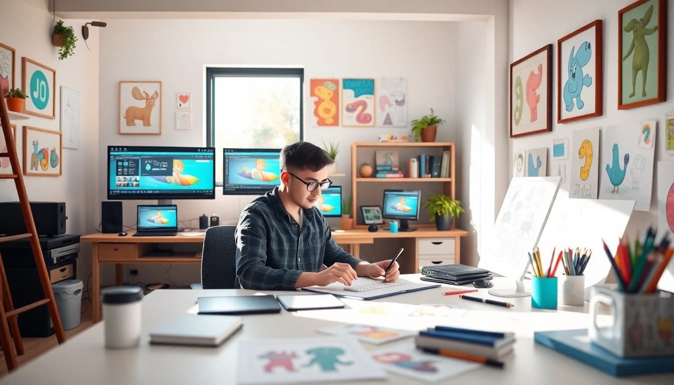 Animation Erstellen in einem professionellen Studio mit einem Designer, der an einem Projekt arbeitet.