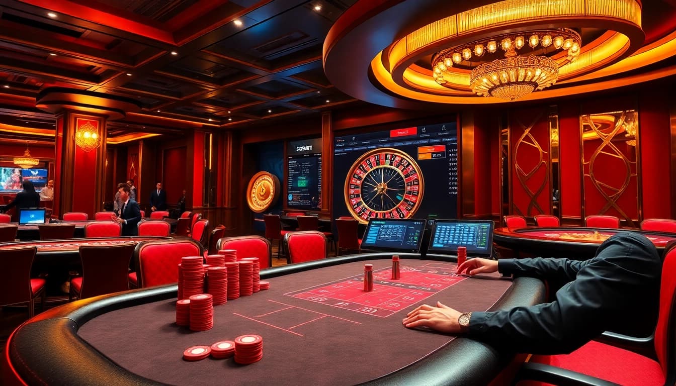 Sbobet players enjoy high-stakes poker in a luxurious casino atmosphere, showcasing vibrant betting tables.