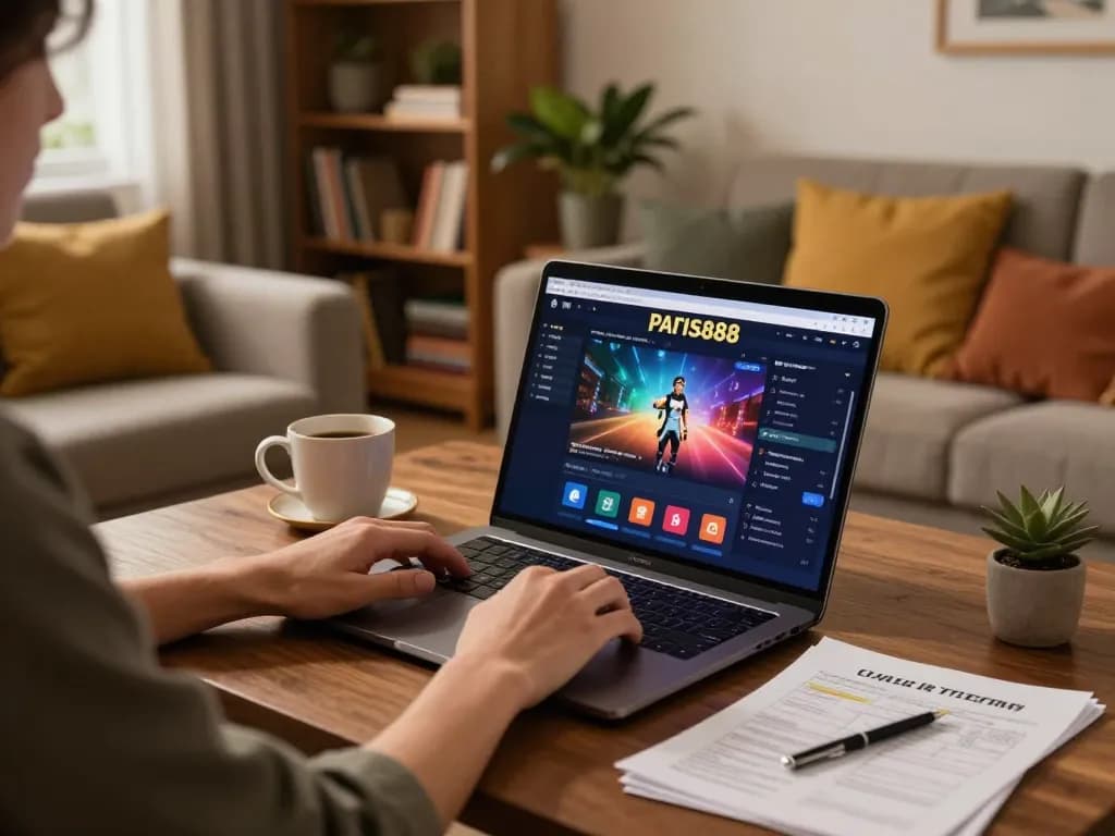 Player enjoying Paris888 online slot games, showcasing a cozy gaming setup with warm lighting
