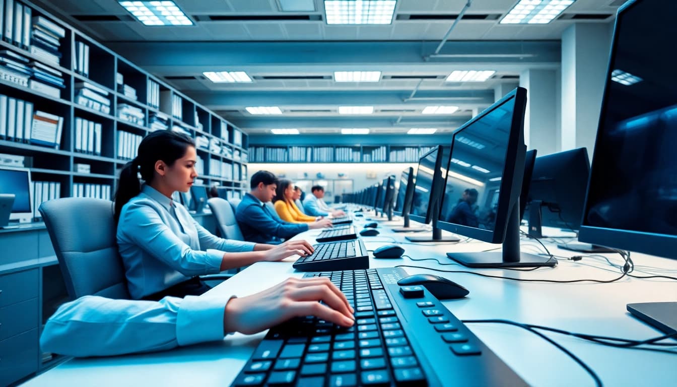 Efficient workspace at a typing center showcasing focused individuals and modern equipment.