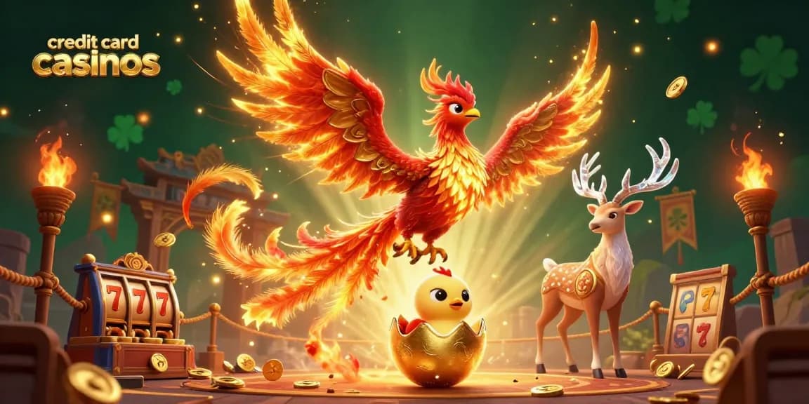 Experience the thrill of credit card casinos with a vibrant scene featuring a phoenix, baby phoenix, and stag amidst exciting game elements.